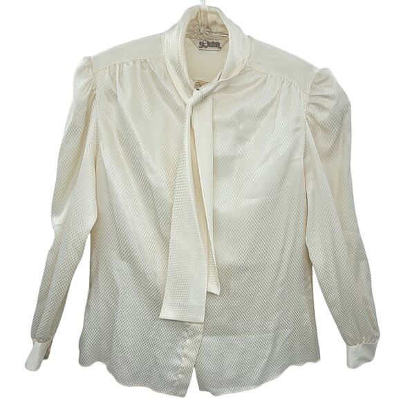 St. John Vintage Cream Jacquard High Bow Neck Long Sleeve‎ Button Up Blouse - Picture 1 of 15